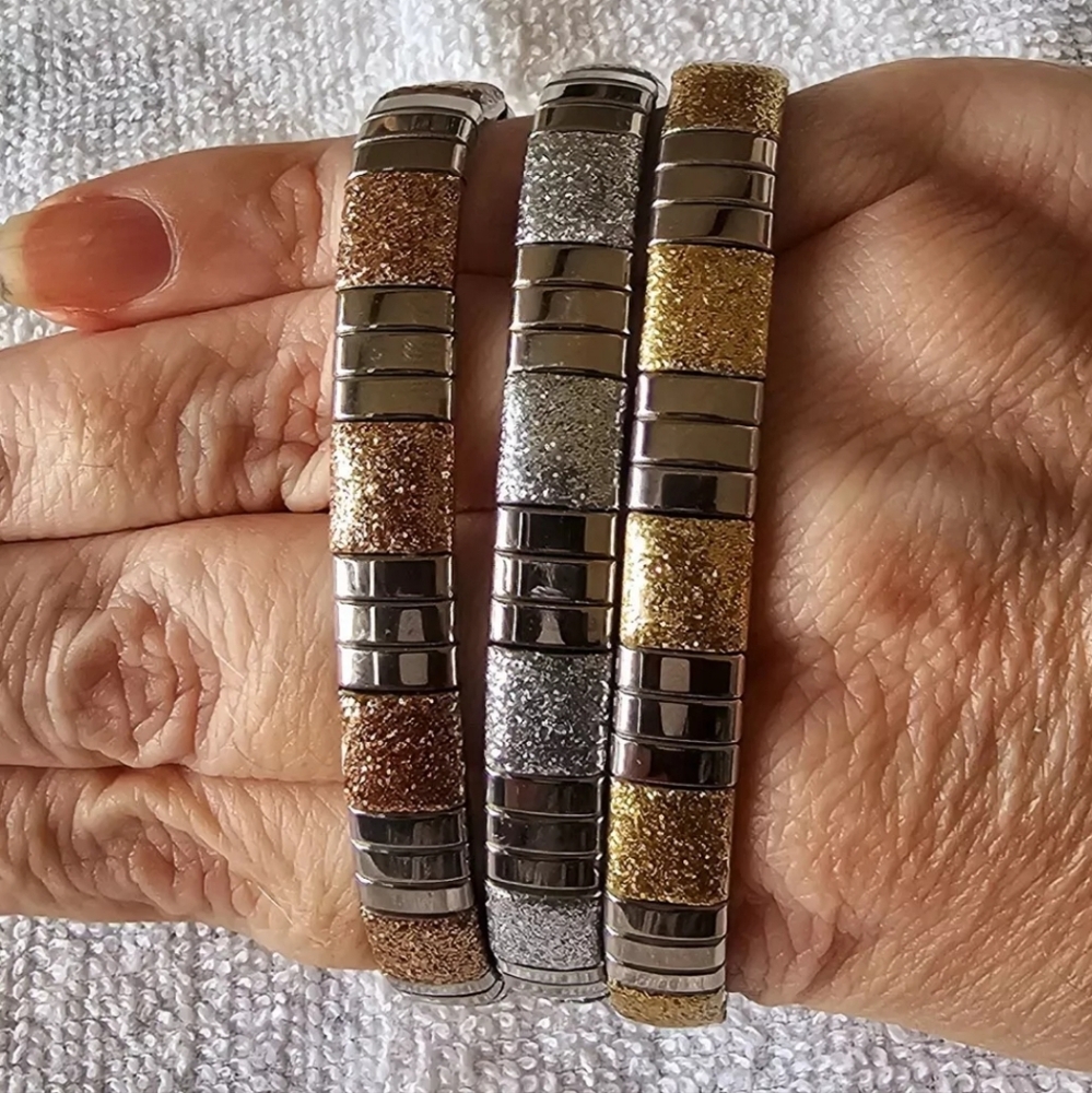 3 Stretch Bracelets Milor Stainless Steel Goldtone, Rose Goldtone, Silvertone